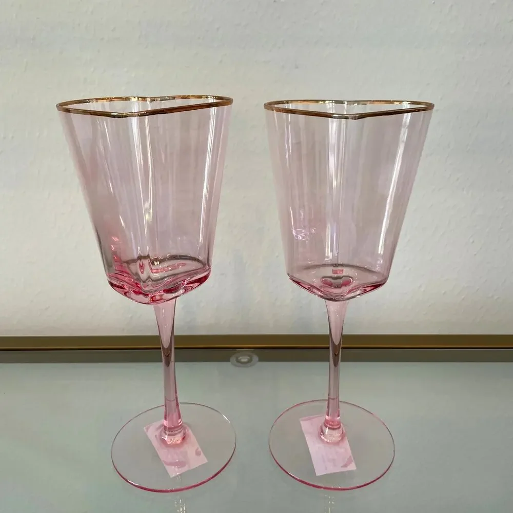 Pink Heart Shaped Wine Glasses with Gold Rim Valentines Day Set of 2 NEW